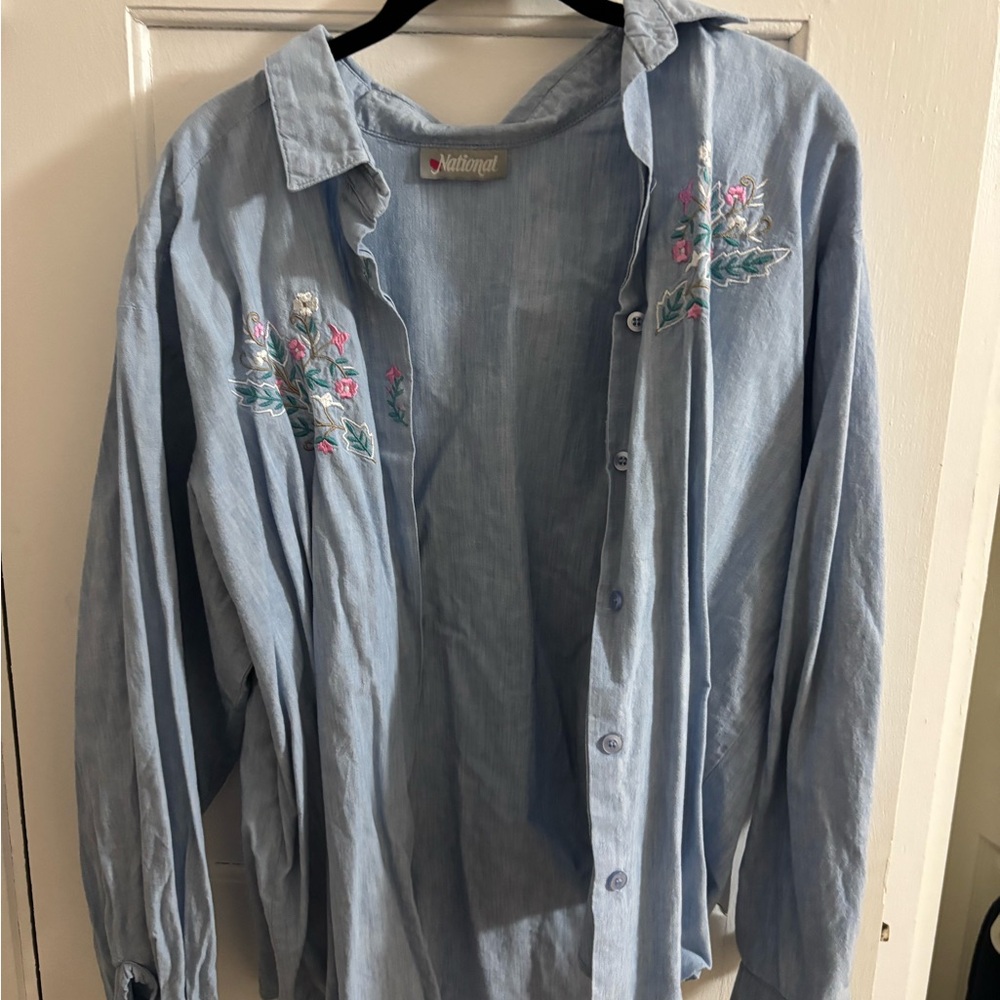 Blue Button Down Shirt with Floral Embroidery